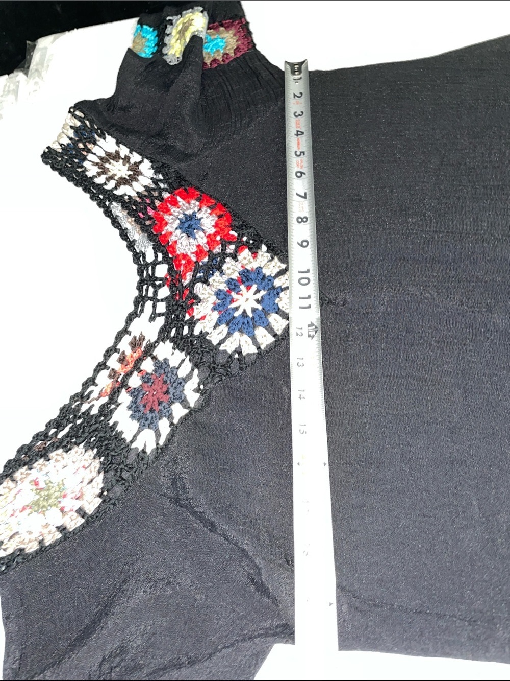 Women’s EUC Black Bohemian V-neck tunic granny square crochet accents - Picture 5 of 7